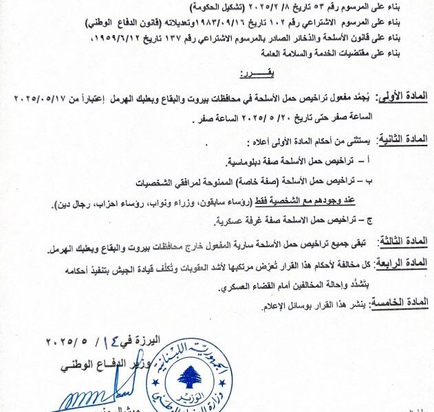 تجميد مفعول تراخيص حمل الاسلحة