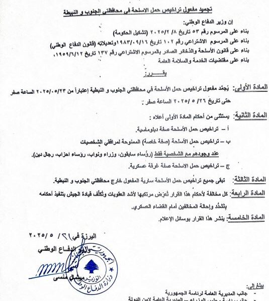 تجميد مفهول تراخيص حمل الاسلحة